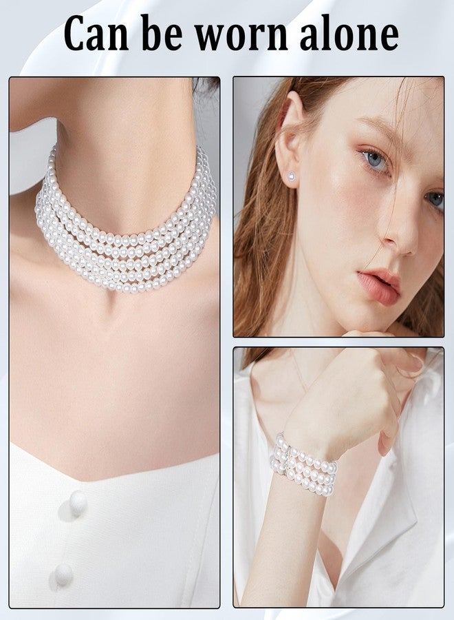 Qiuruoo Faux Pearl Jewelry Set for Women.Pearl Necklace and Earring Set, Choker Necklace for Women, Earrings, Bracelet Set of Three (for Ladies) - Image 4